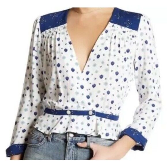 Free People Tops - Free People Top Women's‎ Where We Roam Wrap Blouse Surplice White Blue Size M